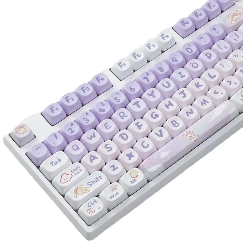 Set of gradient purple PBT keycaps with detailed rabbit character artwork for mechanical keyboards.