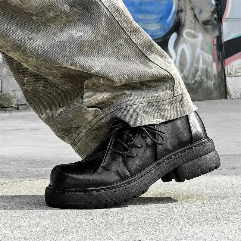 Black leather platform shoes with round warped head toe and height increasing insoles