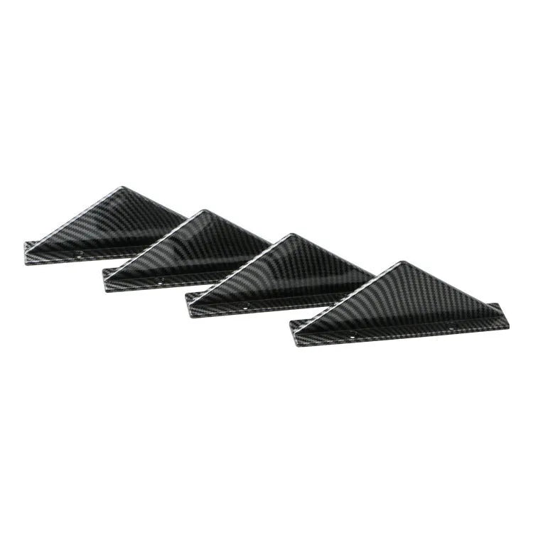 Four 150mm triangular ABS car rear spoilers on a bright black and carbon fibre background.