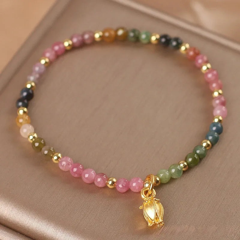 Natural tourmaline floral beaded anklet for women with adjustable chain and colourful gemstones