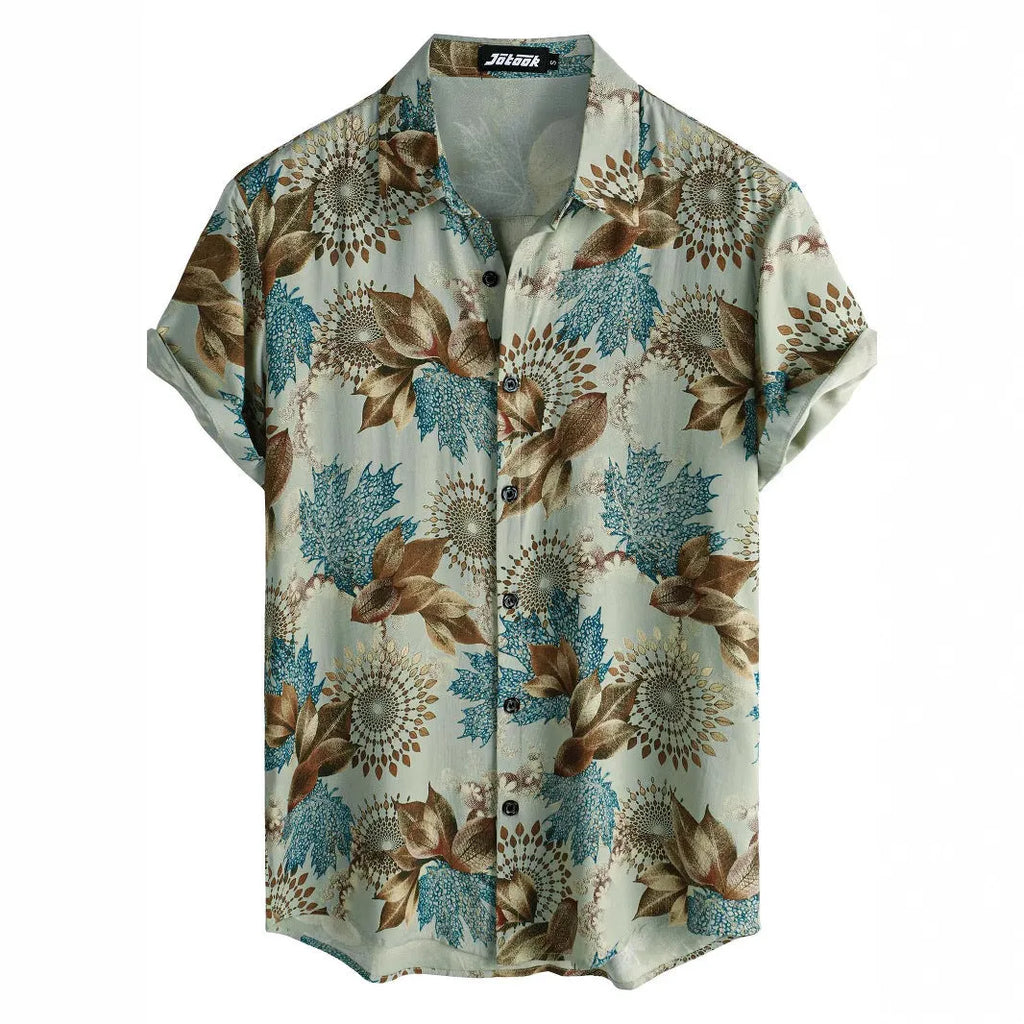 Hawaiian style short sleeve shirt with lapel collar and floral digital print, made from elastic polyester fabric.