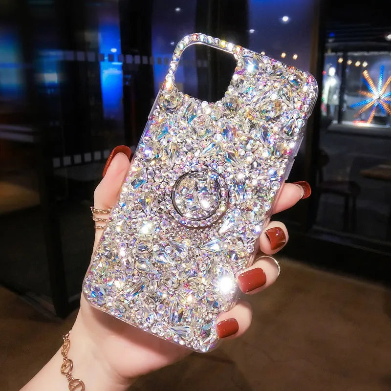 Clear acrylic Samsung phone case with colourful diamond decoration on a transparent bracket