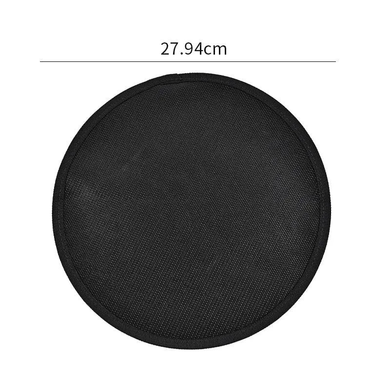 Black round fireproof barbecue mat on grass, available in 11 24 36 48 inch sizes