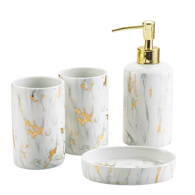 White ceramic bathroom wash kit with cup, soap box, and latex bottle
