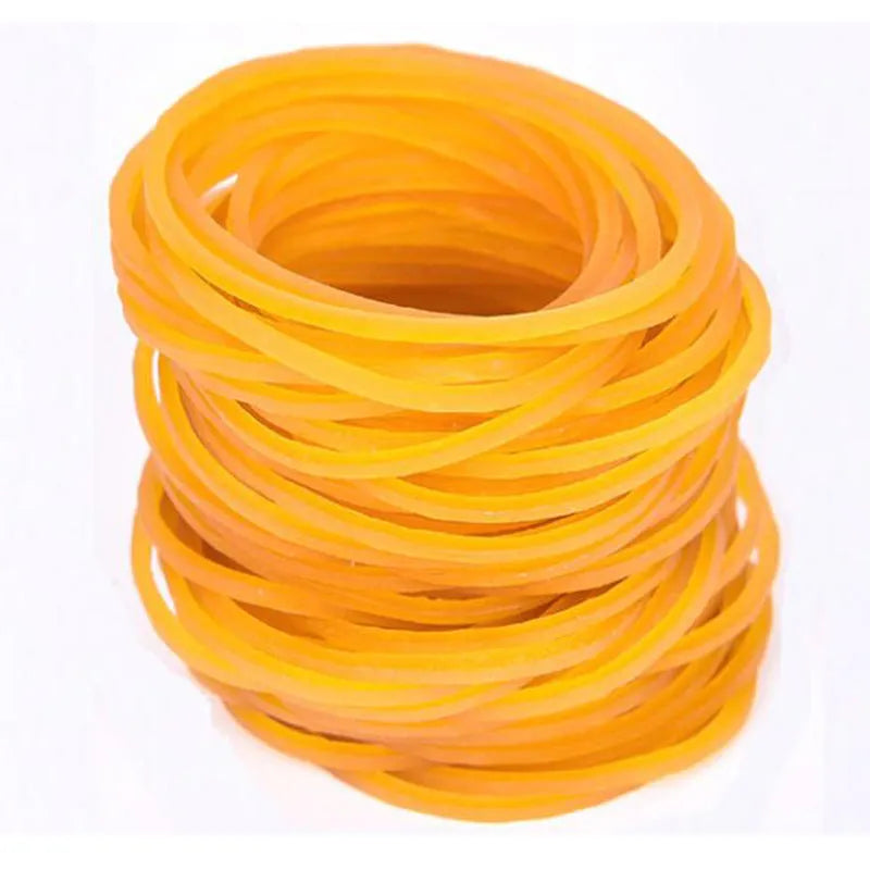 Yellow rubber bands bulk pack showing multiple diameters from 16mm to 70mm for office and packaging use