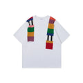 Loose fit cotton t-shirt with colour contrast patchwork and letter pattern design.