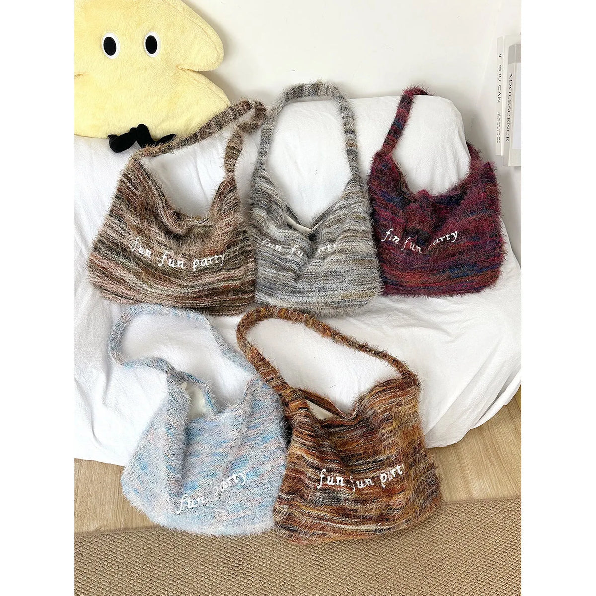 Plush shoulder bag with alphabet embroidery and tassel, horizontal square shape, soft plush finish, single shoulder strap, five colours denim blue green purple sea salt blue yellow