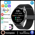 Black smartwatch with Bluetooth calling on a silicone strap, showing a TFT touch screen displaying health metrics.