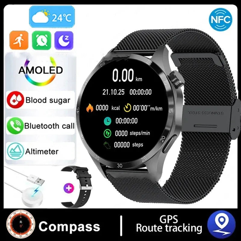 Black smartwatch with Bluetooth calling on a silicone strap, showing a TFT touch screen displaying health metrics.