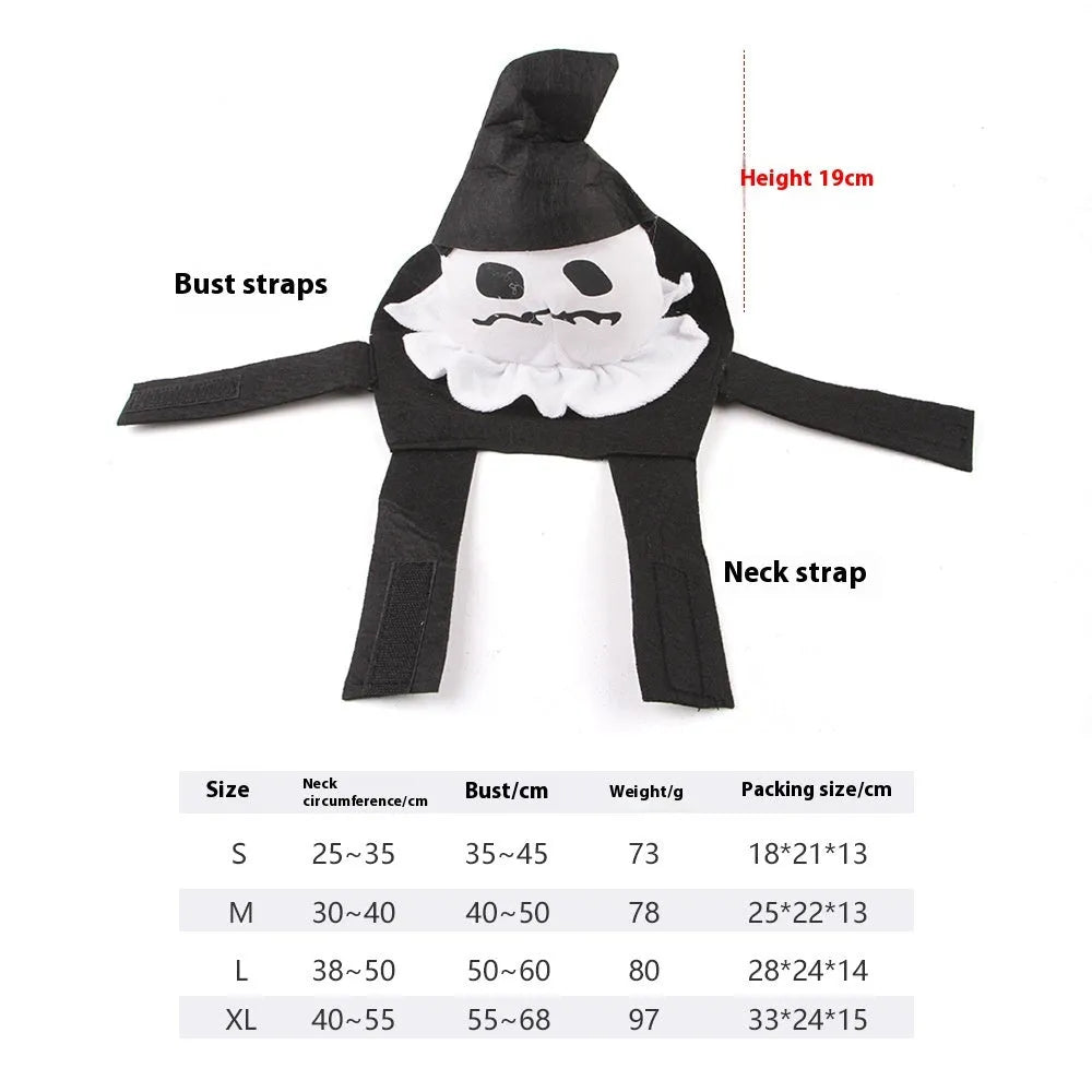 Dog wearing a PP cotton Halloween costume in a ghost or pumpkin ghost design.