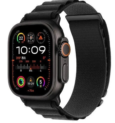 Nylon loop watch strap for Apple Watch, two sections, black colour, 38-49mm size options