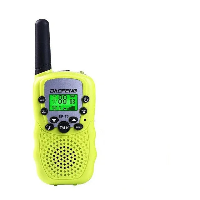 Child holding colourful walkie talkie with 22-channel display and push-to-talk button