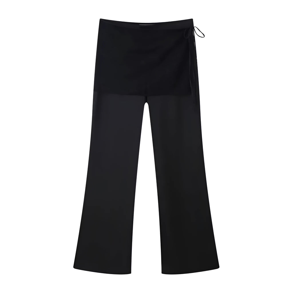 Women's black satin trousers with lace-up wrap front, loose straight-leg cut, nylon fabric