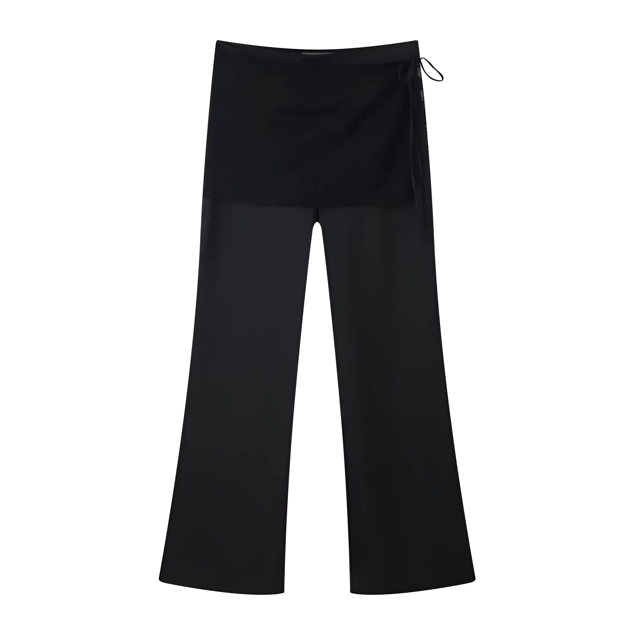 Women's black satin trousers with lace-up wrap front, loose straight-leg cut, nylon fabric