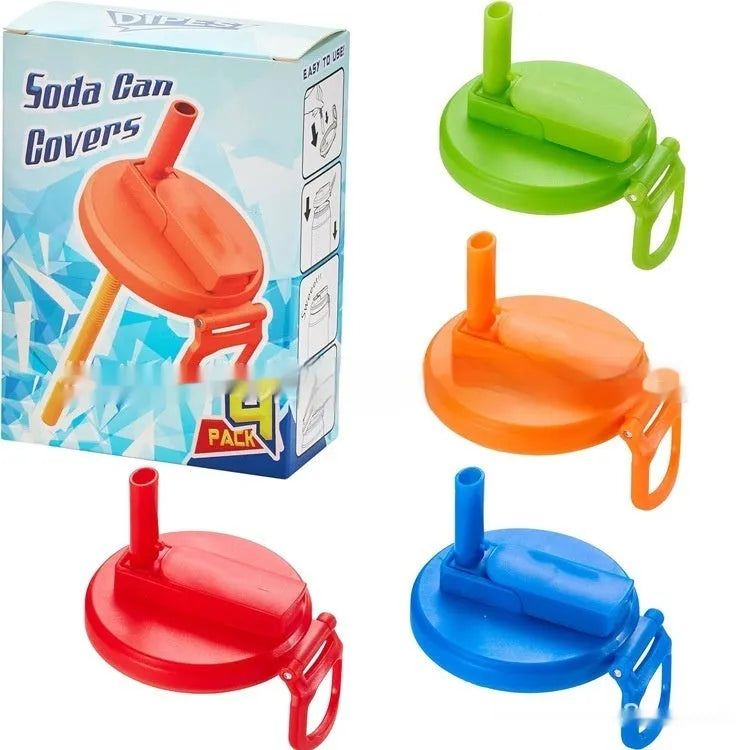 Reusable plastic soda can lid with straw in blue colour on a standard aluminium can