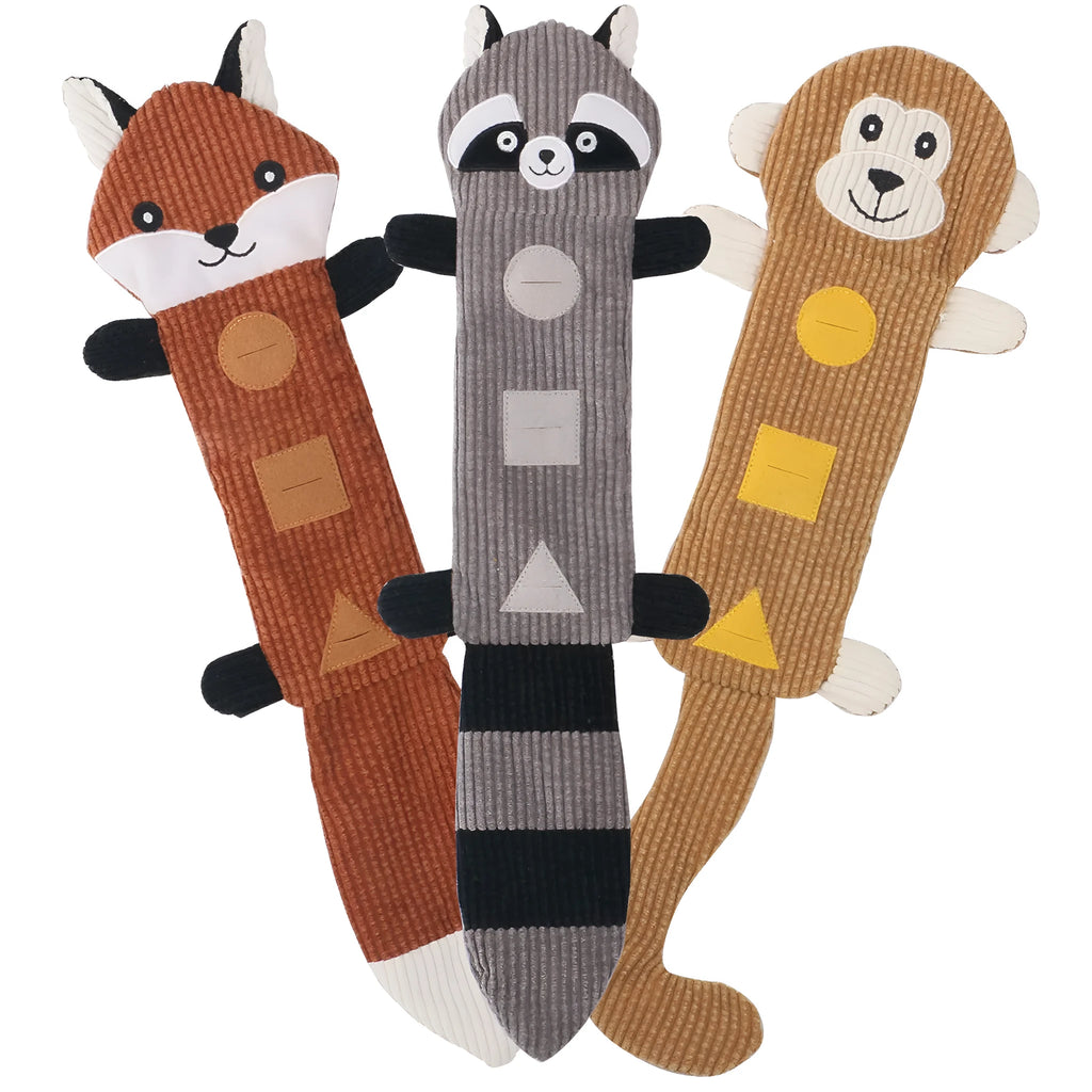 Plush dog chew toy shaped like a fox with squeaker and treat pockets, 47cm long
