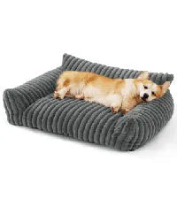 Beige corduroy cat couch with high backrest for pet support on a wooden floor.