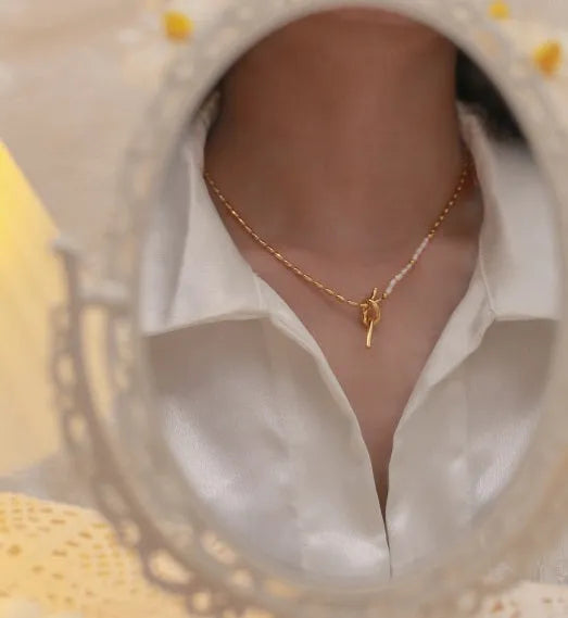 Gold real pearl necklace with copper pendant, bends and hitches design, adjustable 21-50cm chain