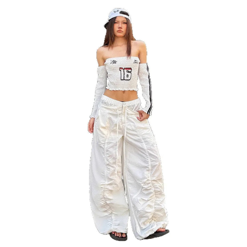 White high waist multi-pocket trousers with ruffle drawstring and lace letter embroidery for women