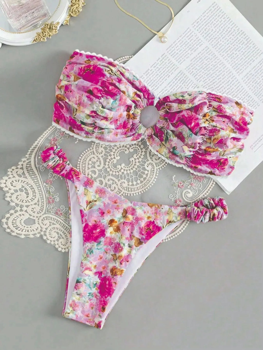 Women's floral printed tube top bikini set with lace trim in blue, pink, yellow colours