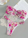 Women's floral printed tube top bikini set with lace trim in blue, pink, yellow colours