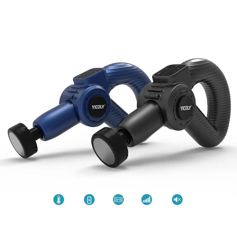 Black smart muscle massage gun with five different attachment heads on a grey background.