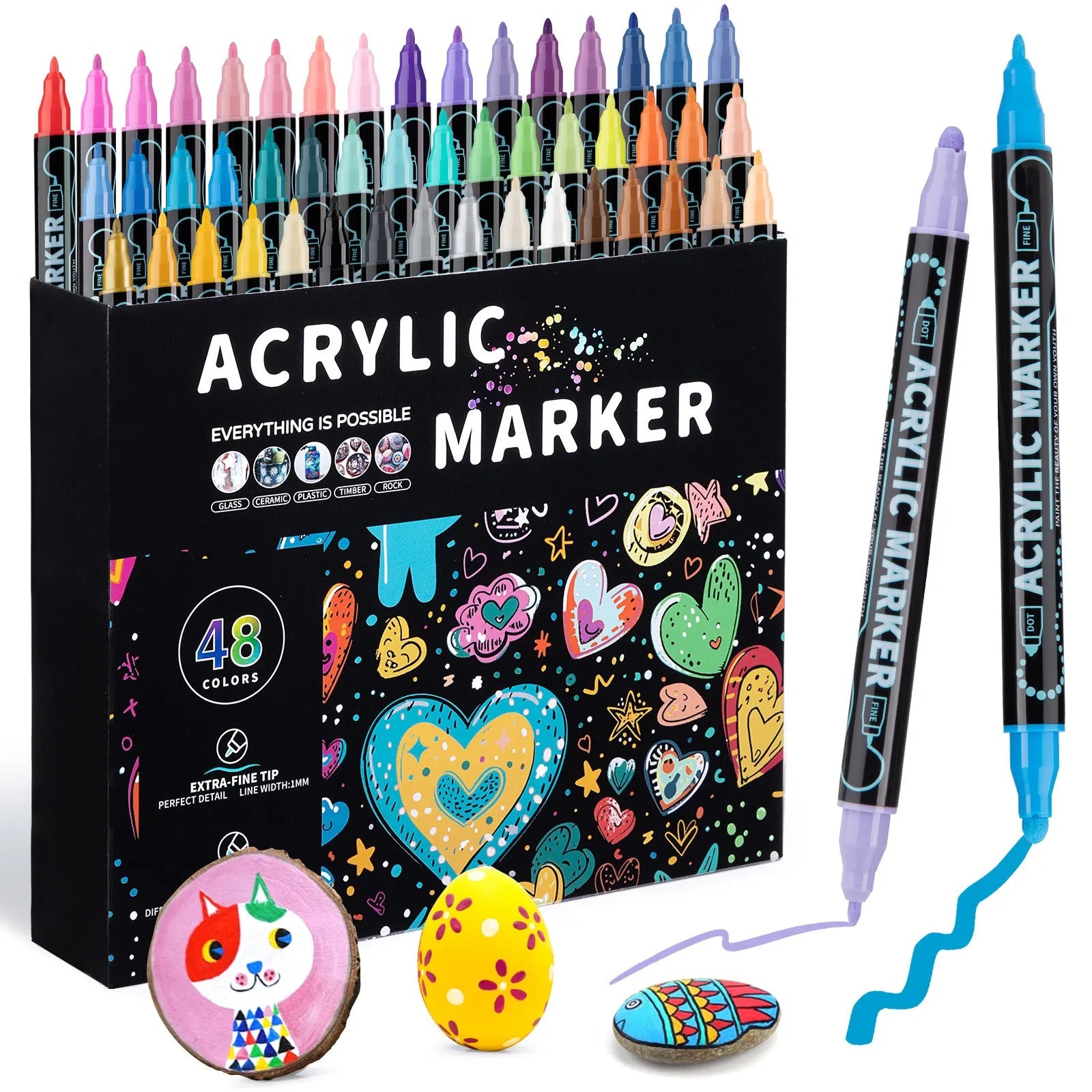 Set of household stackable dual-tip acrylic markers in multiple colours with caps on