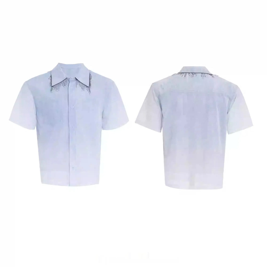 Blue and white gradient men's casual half-sleeve shirt with a loose fit