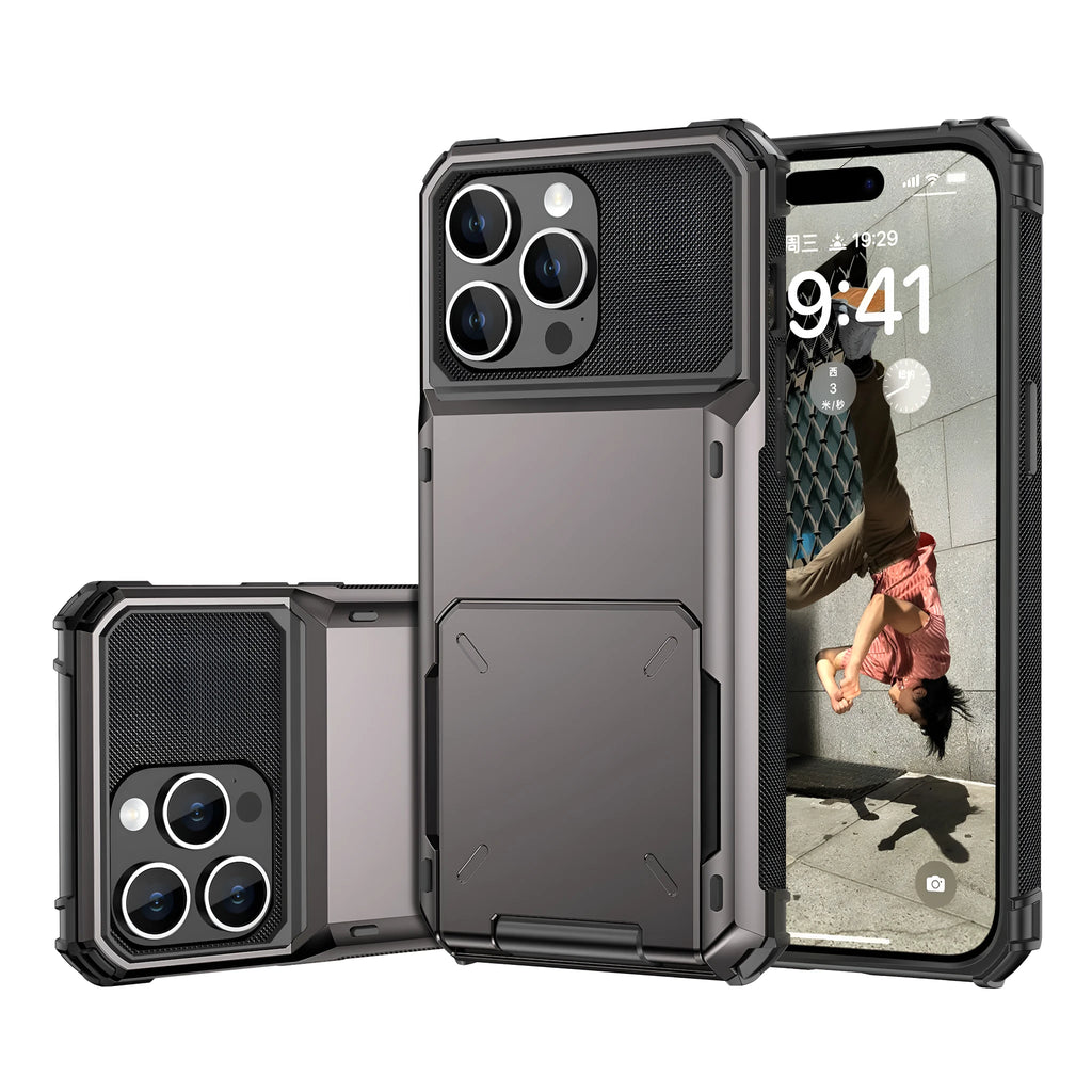 Fashion flip card phone case with PC hard shell in gray, showing card slot and iPhone compatibility