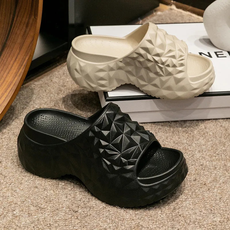Women's high heel flip flop slippers with a thick EVA sole in khaki, black, and white colour options.