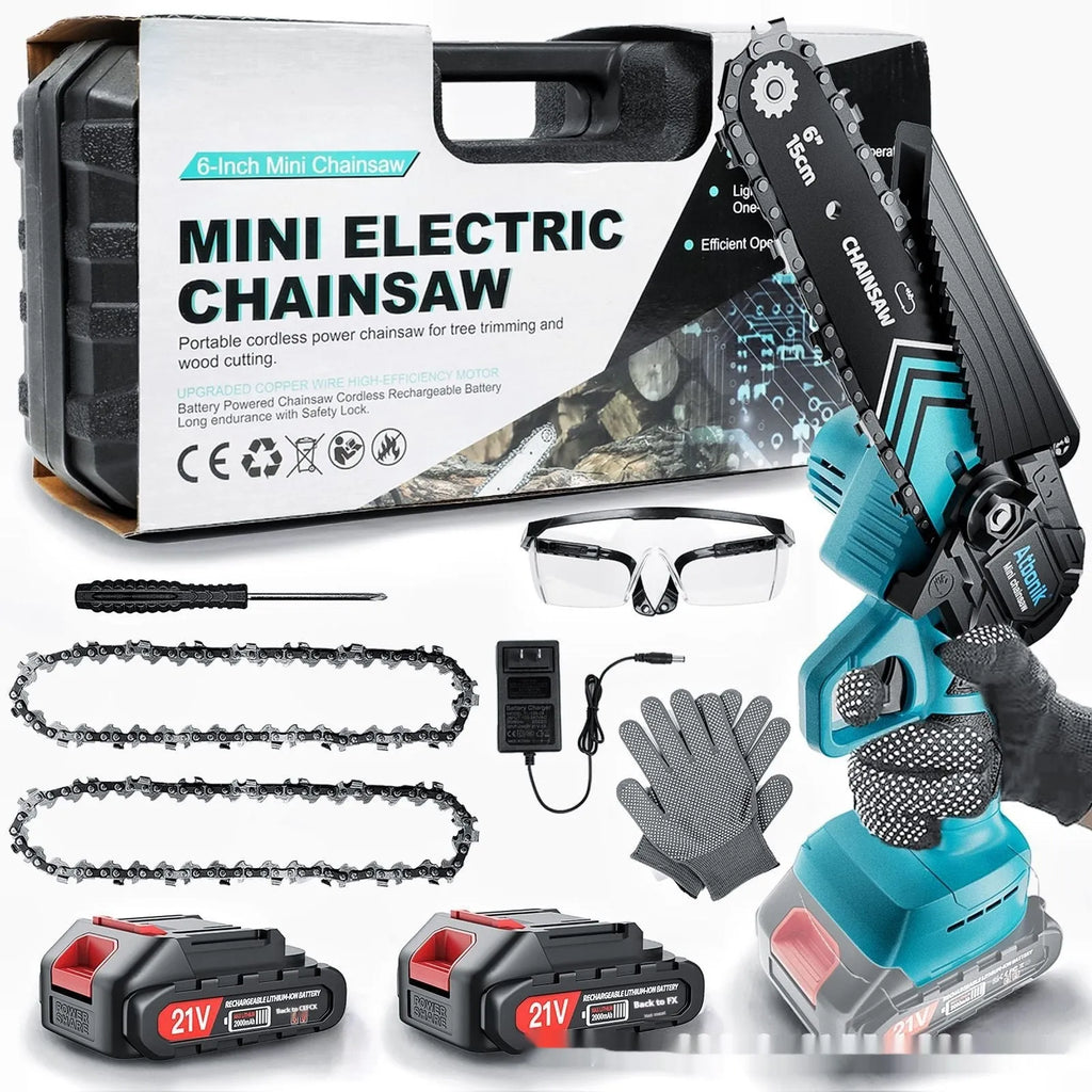 6-inch handheld cordless electric chainsaw with two batteries, safety goggles, gloves, and tools in a storage box