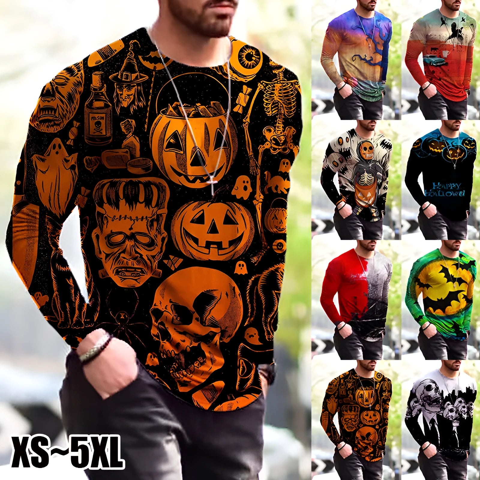 Men's long-sleeved camouflage print T-shirt with round neck and straight version fit in black colour