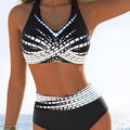 Contrast color layered halter high chest women's swimsuit two-piece set with shorts in polyester spandex