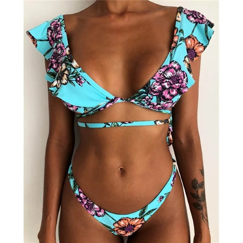 Floral patterned split bikini swimsuit set in yellow flower colour with nylon fabric construction