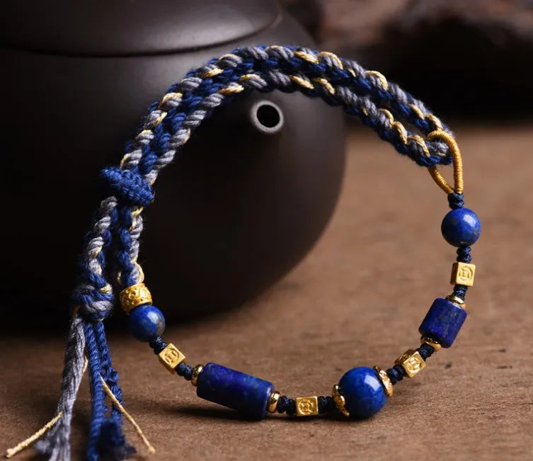 Hand-woven flexible wire watch band in ethnic style, showing Lapis Lazuli and Hongfei Ebony colour options.
