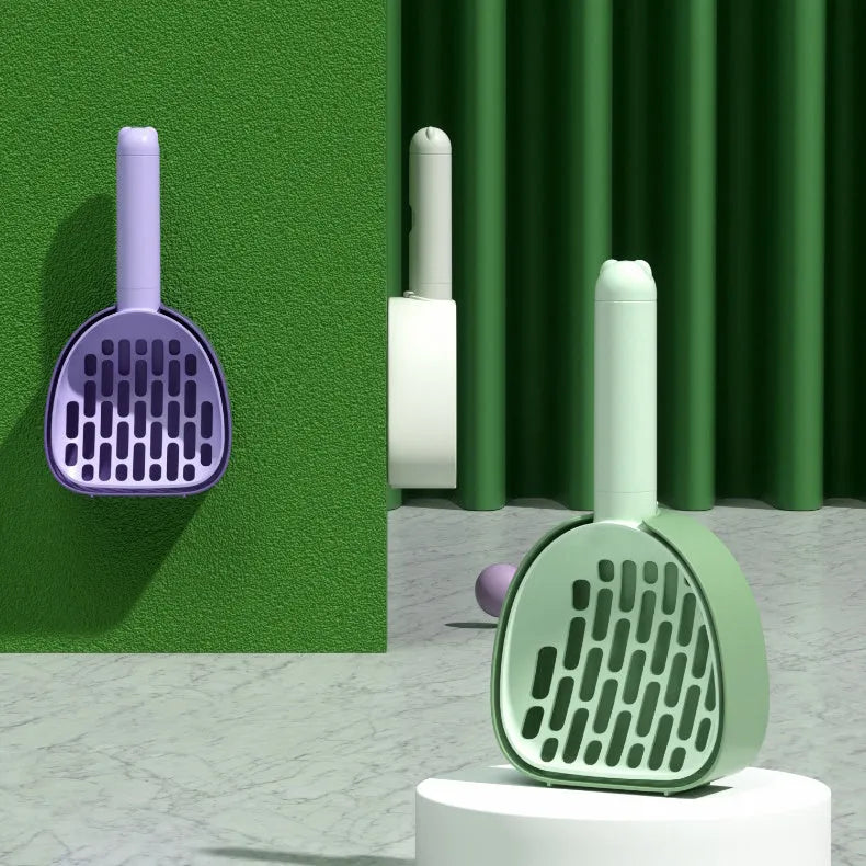 ABS plastic cat litter scoop with base featuring hidden bag storage and wall mounting capability