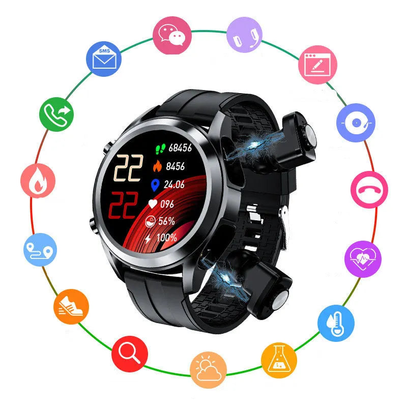 Men's black Bluetooth smart watch with silicone wristband showing heart rate monitor on screen