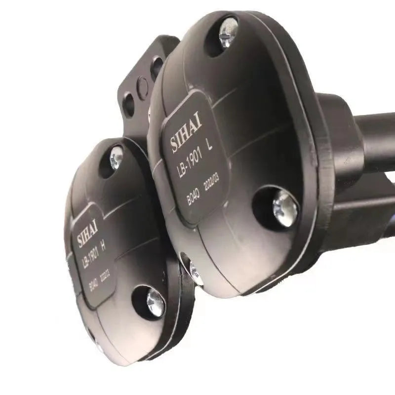 Black dual trumpet super loud 300dB air horn and compressor kit for 12V and 24V vehicles.