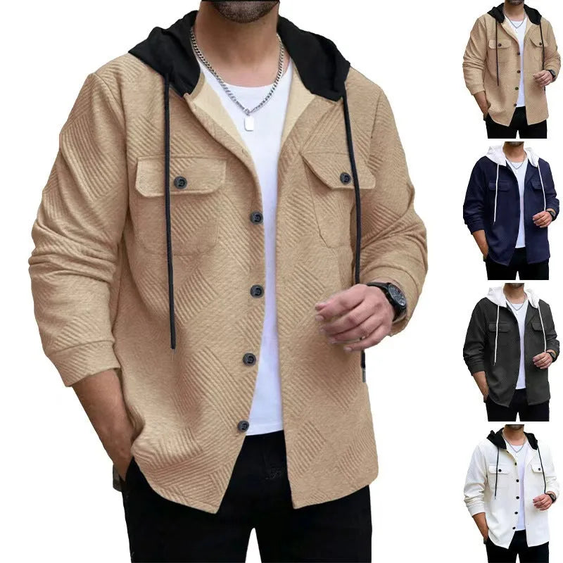 Men's casual sporty colour-block hooded button-up polyester jacket in khaki with pockets, front view