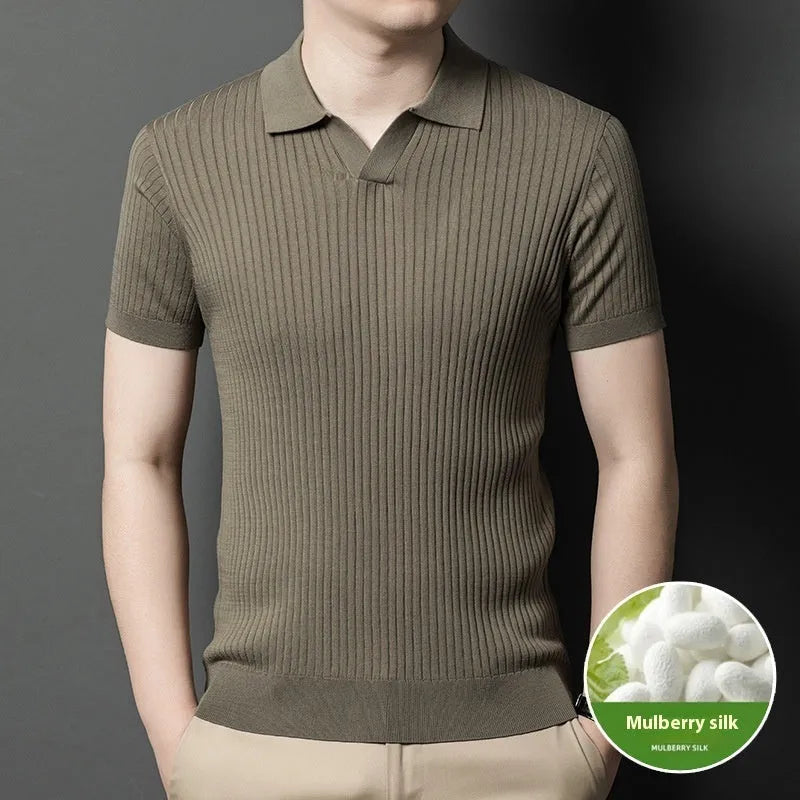 Man wearing a striped mulberry silk T-shirt with a lapel collar in a neutral colour.