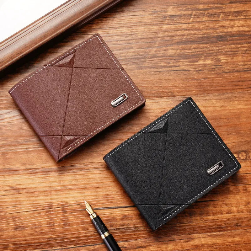 Men's thin three-fold horizontal wallet showing multiple card slots in soft PU leather