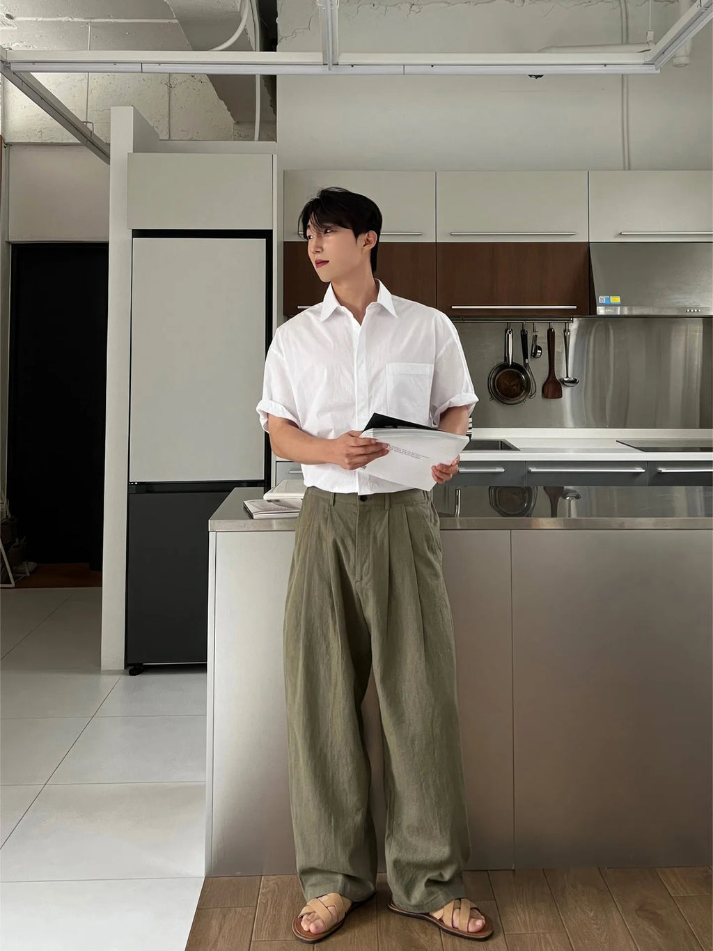Army Green men's casual trousers with drawstring waist and Japanese-inspired design