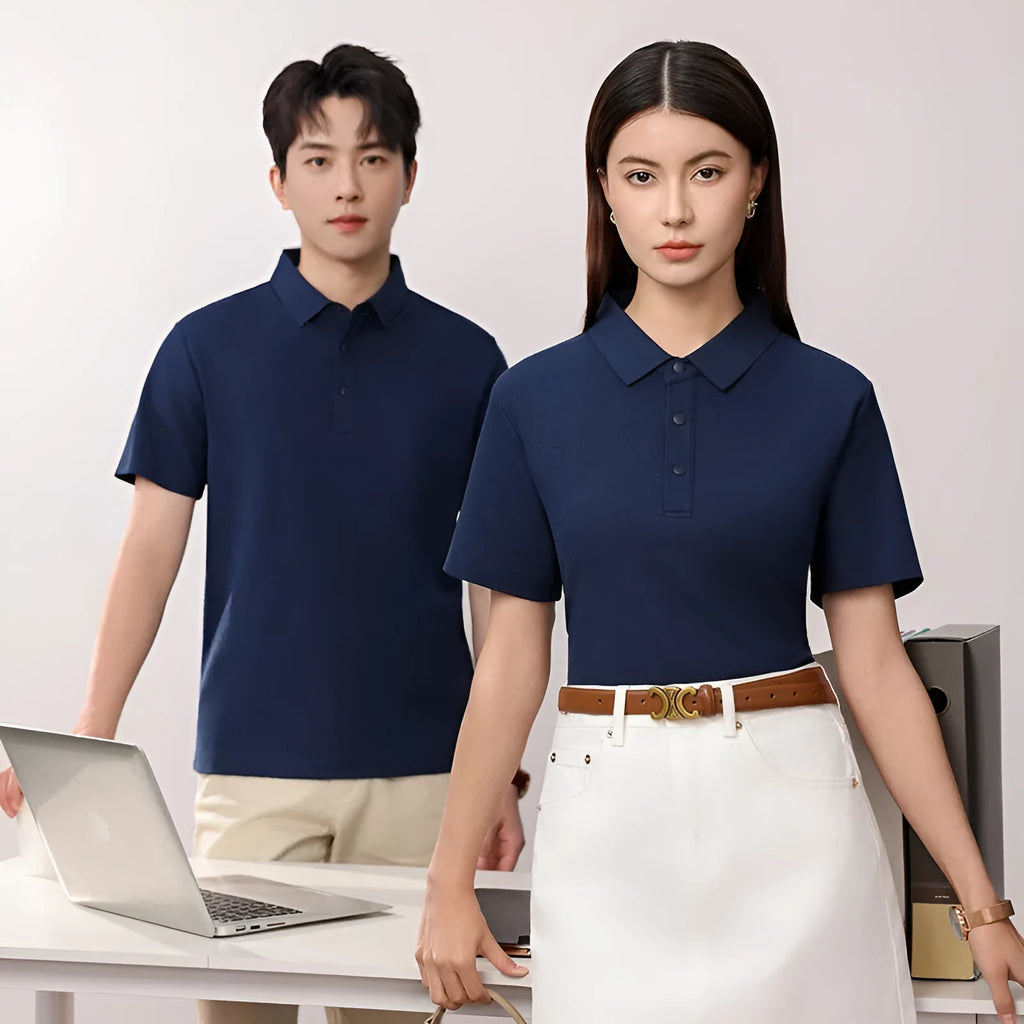 Short sleeve solid colour cotton blend polo shirt for summer business wear, shown in light apricot.