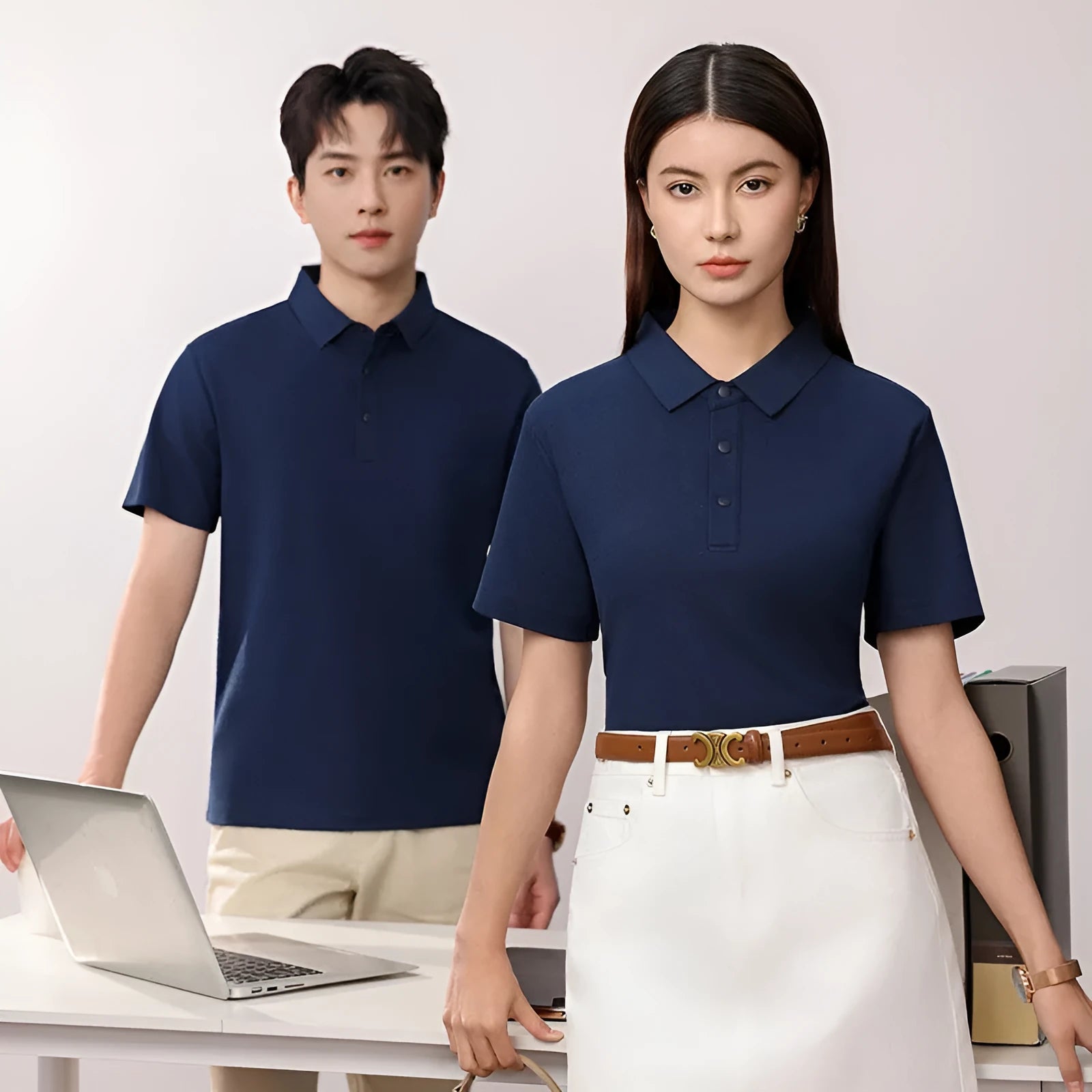 Short sleeve solid colour cotton blend polo shirt for summer business wear, shown in light apricot.