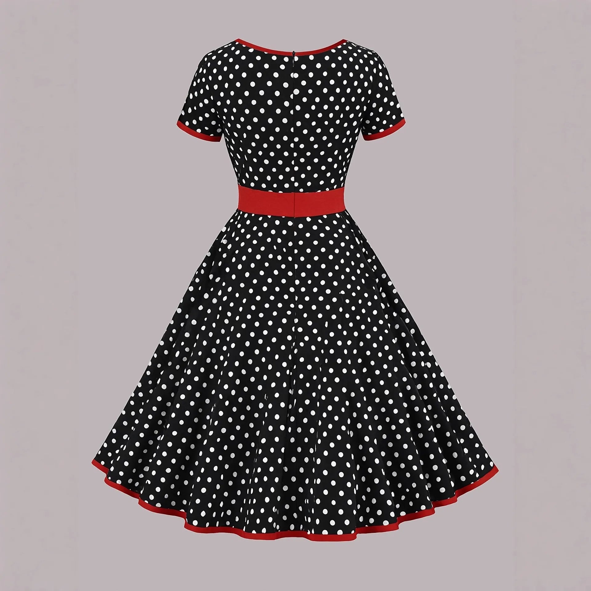 Multicolour polka dot dress with a square neckline, short sleeves, and a full pleated skirt with a back zip.