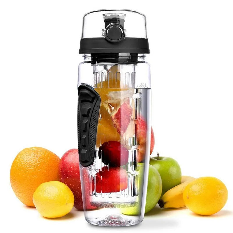 32oz Tritan plastic fruit infuser water bottle with removable infuser cup, shown in one of seven style options.