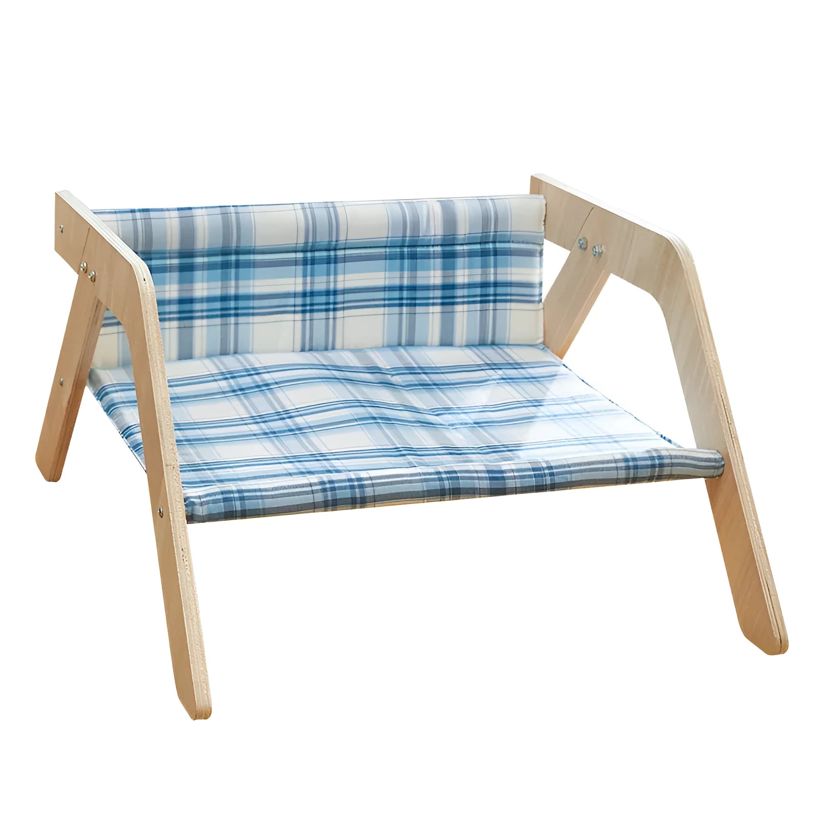 Wooden frame cat hammock bed with soft cloth seat in blue colour