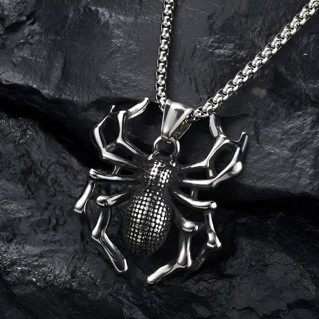 Polished titanium steel spider pendant with totem design on a 2.5mm square pearl chain