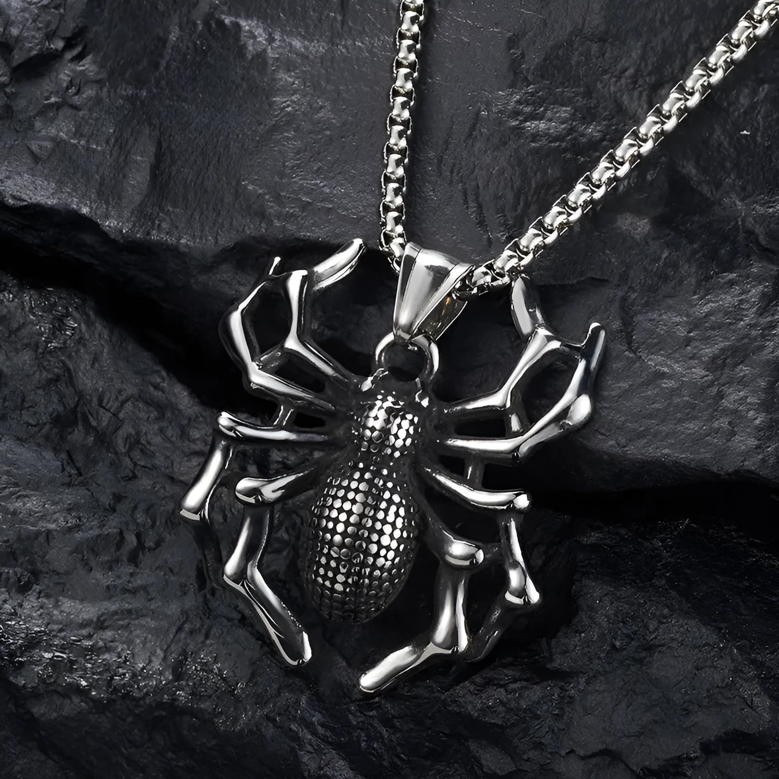 Polished titanium steel spider pendant with totem design on a 2.5mm square pearl chain