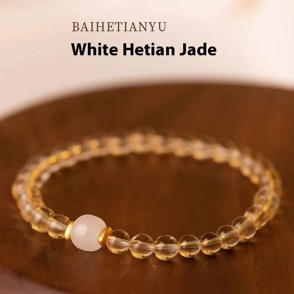 Putuo natural rutilated quartz bracelet with Brazilian crystals and Hetian jade accents